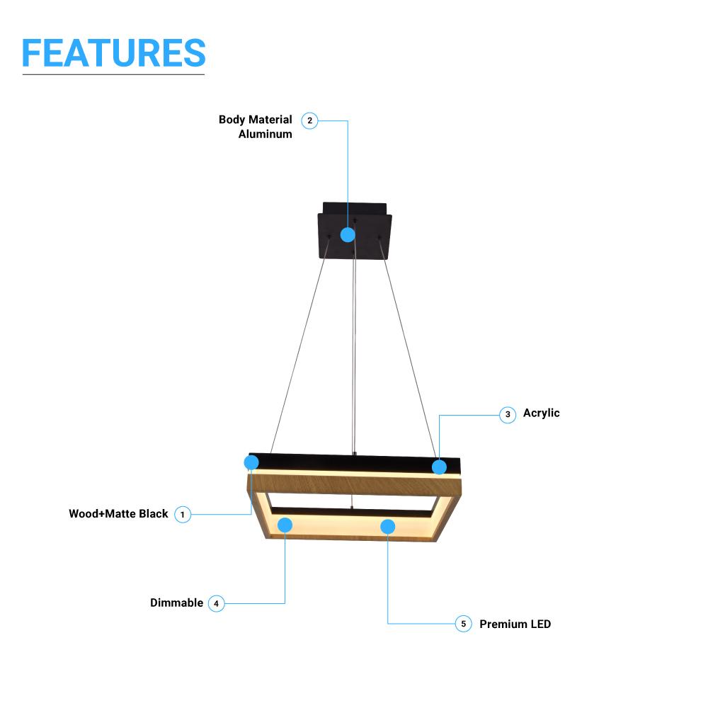 Square Metal and Wood Chandelier Light, 35W, 3000K (Warm White), 836 Lumens, Dimmable, Matte Black + Wood Body Finish - LEDMyPlace