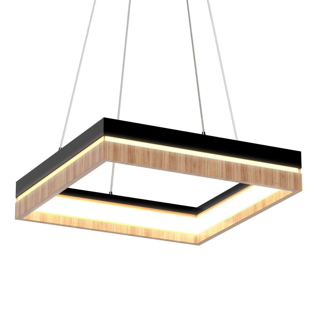 Square Metal and Wood Chandelier Light, 35W, 3000K (Warm White), 836 Lumens, Dimmable, Matte Black + Wood Body Finish - LEDMyPlace