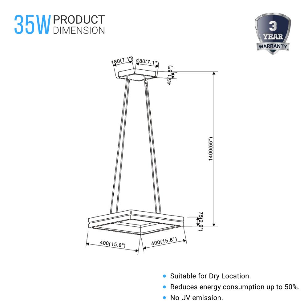 Square Metal and Wood Chandelier Light, 35W, 3000K (Warm White), 836 Lumens, Dimmable, Matte Black + Wood Body Finish - LEDMyPlace
