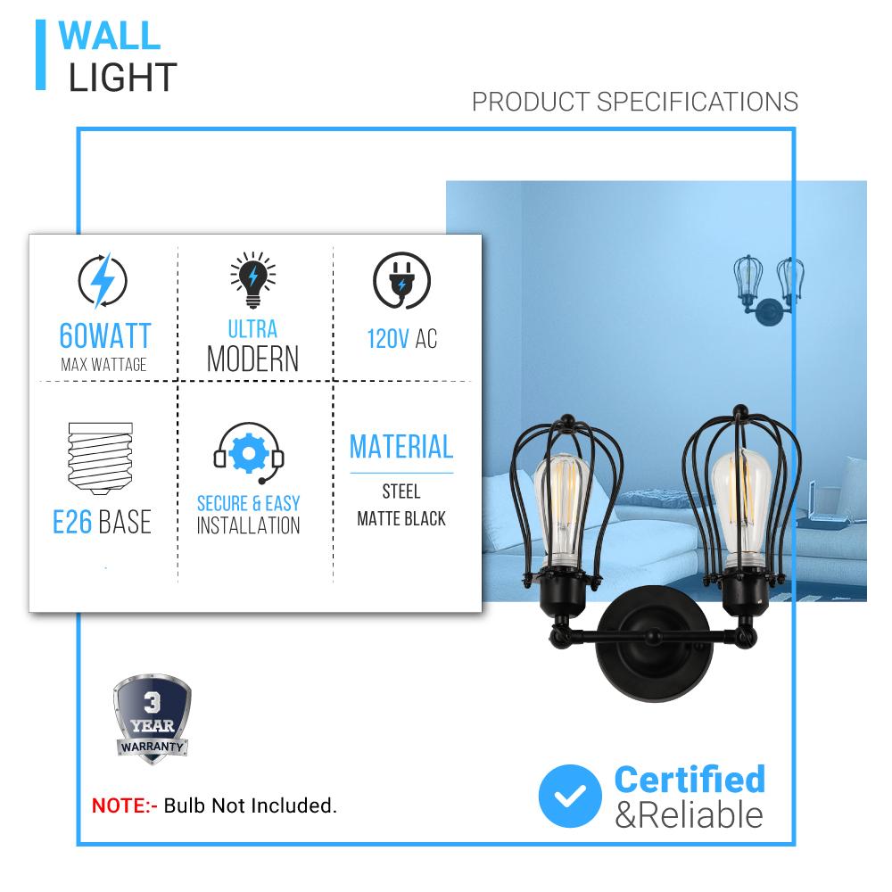 Steel Birdcage Wall Sconce Lighting Fixtures, Matte Black Finish, E26 Base, UL Listed, 3 Years Warranty - LEDMyPlace