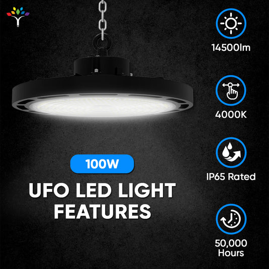 Gen13 100W UFO LED High Bay Light, 4000K, AC120-277V, 90° PC lens, IP65 Factory Warehouse Industrial Lighting, Black