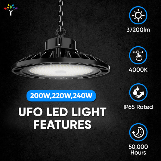 UFO LED High Bay Light  240W/220W/200W Wattage Adjustable, 4000K, 131 LM/W, DLC Premium 1-10V Dimmable,  AC120-277V, Commercial LED Light for Barn Workshop Warehouse Gym Airport Lights