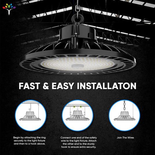 UFO LED High Bay Light, 240W/220W/200W Wattage Adjustable, 5700K 131 LM/W, Waterproof IP65, 1-10V Dimmable, AC277-480V High Voltage, UL, DLC Listed, For Factory, Workshop, Barn, Garage, Commercial Shop, Warehouse, Airport