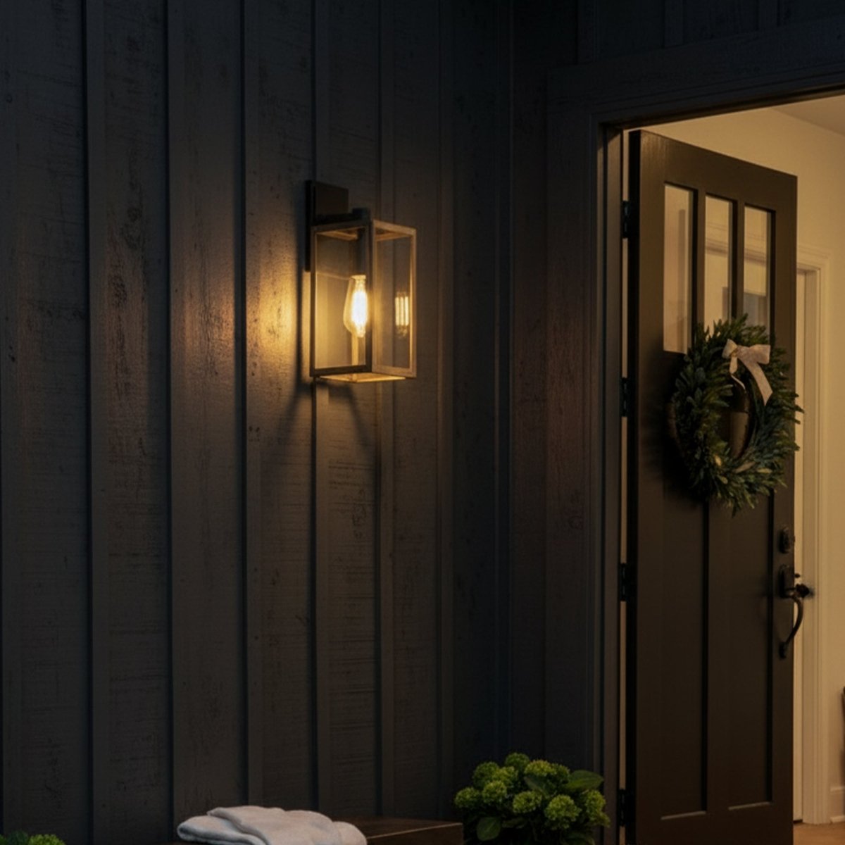 Wall Lights, Exterior Light Fixture, Clear Glass Garage Light, Modern Outdoor Lights Sconce with Waterproof, for Patio, E26 Socket Black+Wood Finish - 5.75"L x 6.1"W x 13.78"H - LEDMyPlace