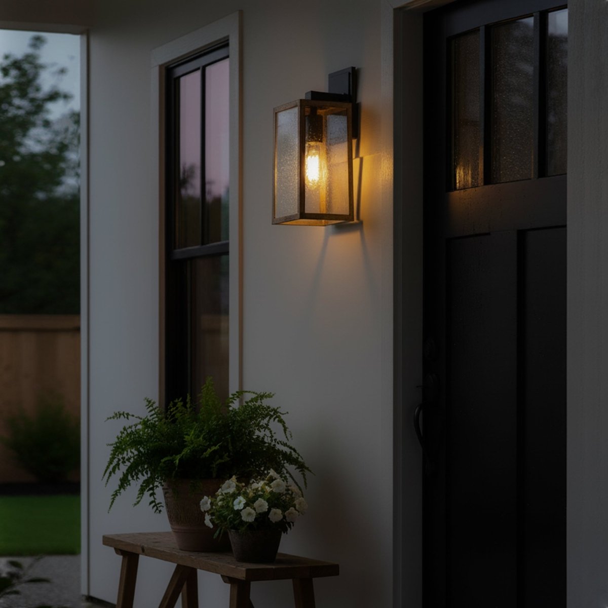 Wall Lights, Exterior Light Fixture, Clear Glass Garage Light, Modern Outdoor Lights Sconce with Waterproof, for Patio, E26 Socket Black+Wood Finish - 5.75"L x 6.1"W x 13.78"H - LEDMyPlace