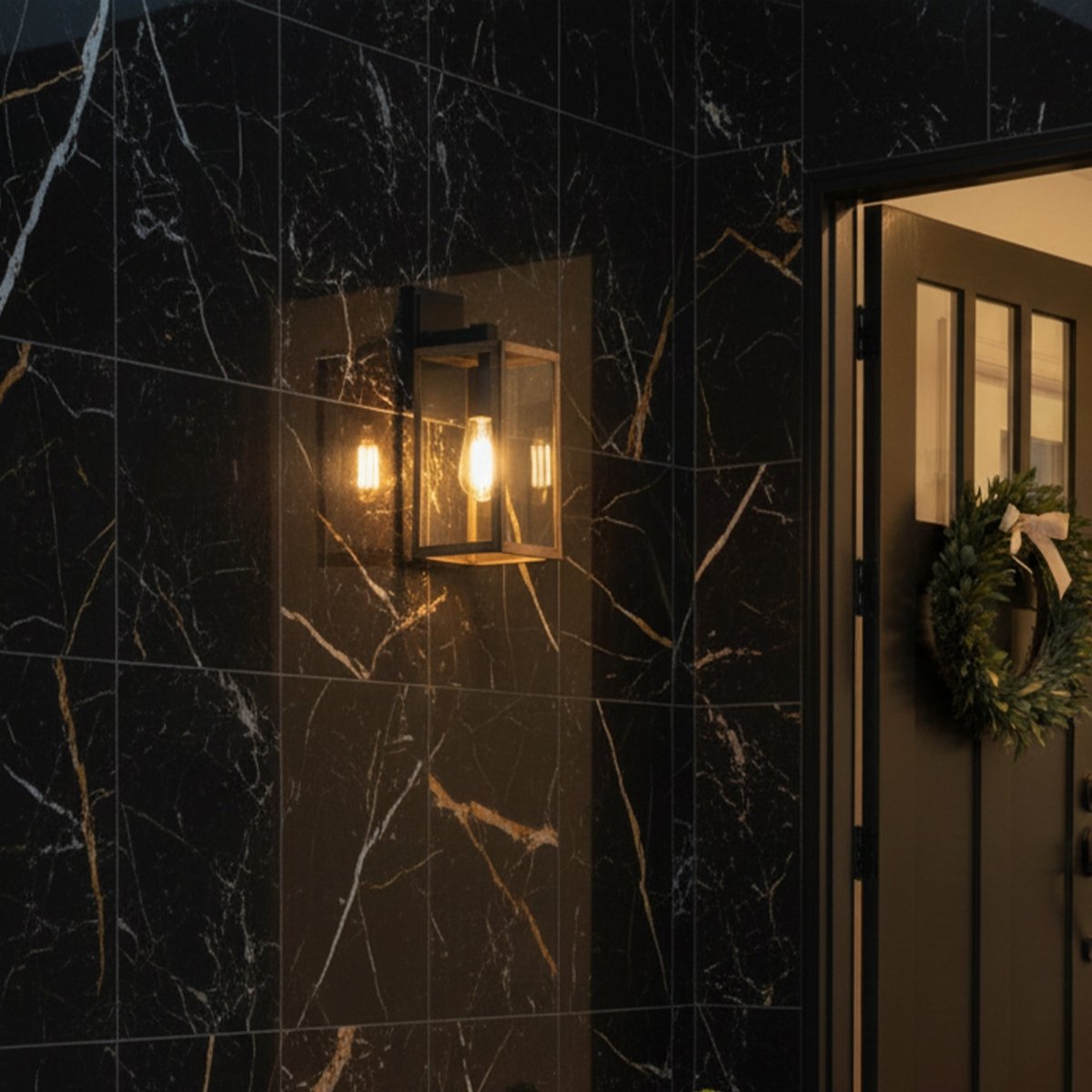 Wall Lights, Exterior Light Fixture, Clear Glass Garage Light, Modern Outdoor Lights Sconce with Waterproof, for Patio, E26 Socket Black+Wood Finish - 5.75"L x 6.1"W x 13.78"H - LEDMyPlace