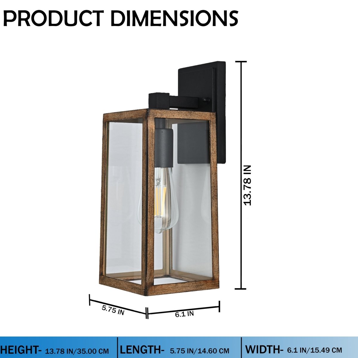Wall Lights, Exterior Light Fixture, Clear Glass Garage Light, Modern Outdoor Lights Sconce with Waterproof, for Patio, E26 Socket Black+Wood Finish - 5.75"L x 6.1"W x 13.78"H - LEDMyPlace