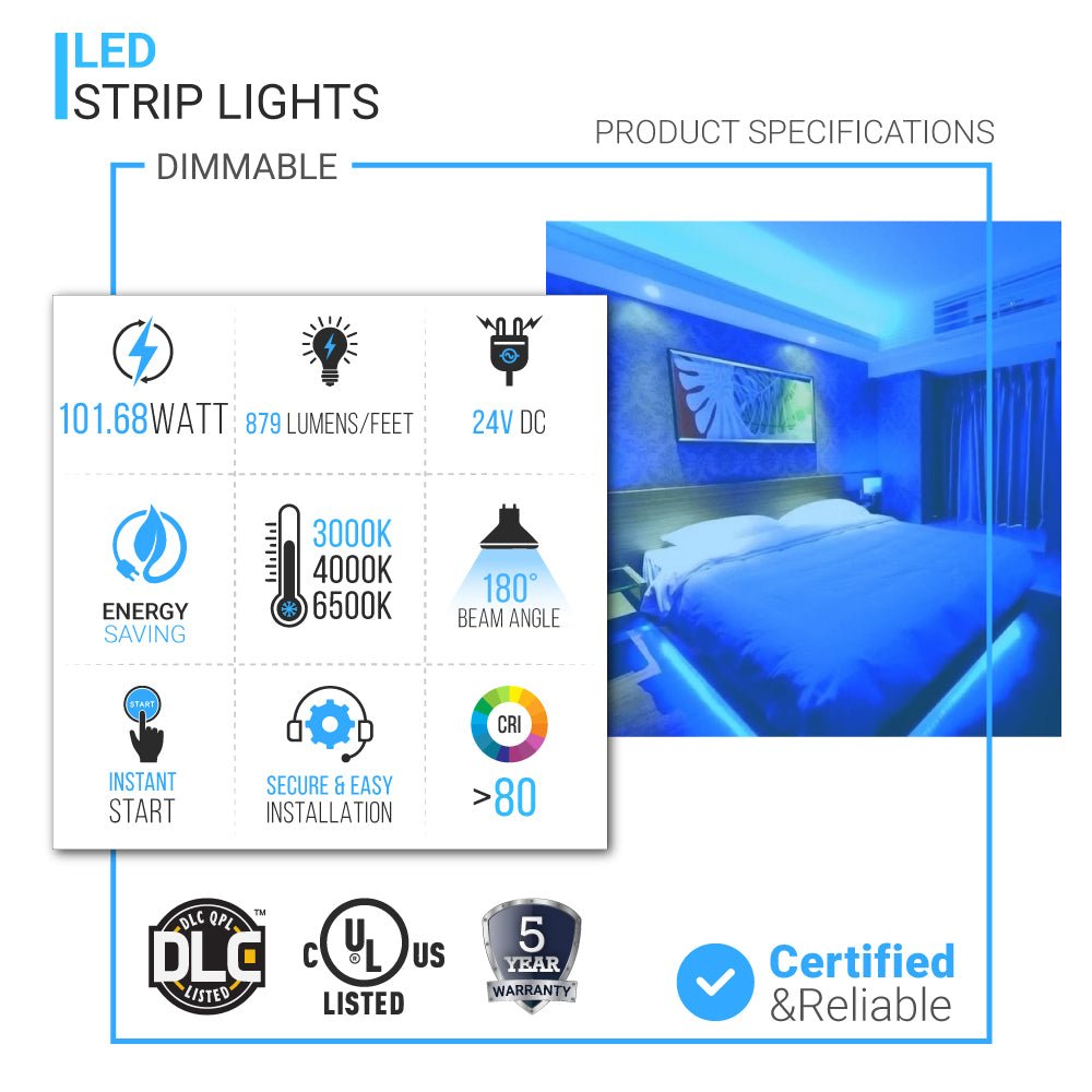 White LED Strip Light, 16.4ft Dimmable - 24V - IP20 - 879 Lumens/ft, SMD2835, Tape Lights for Bedroom, Kitchen, Mirror, Home Decoration - LEDMyPlace
