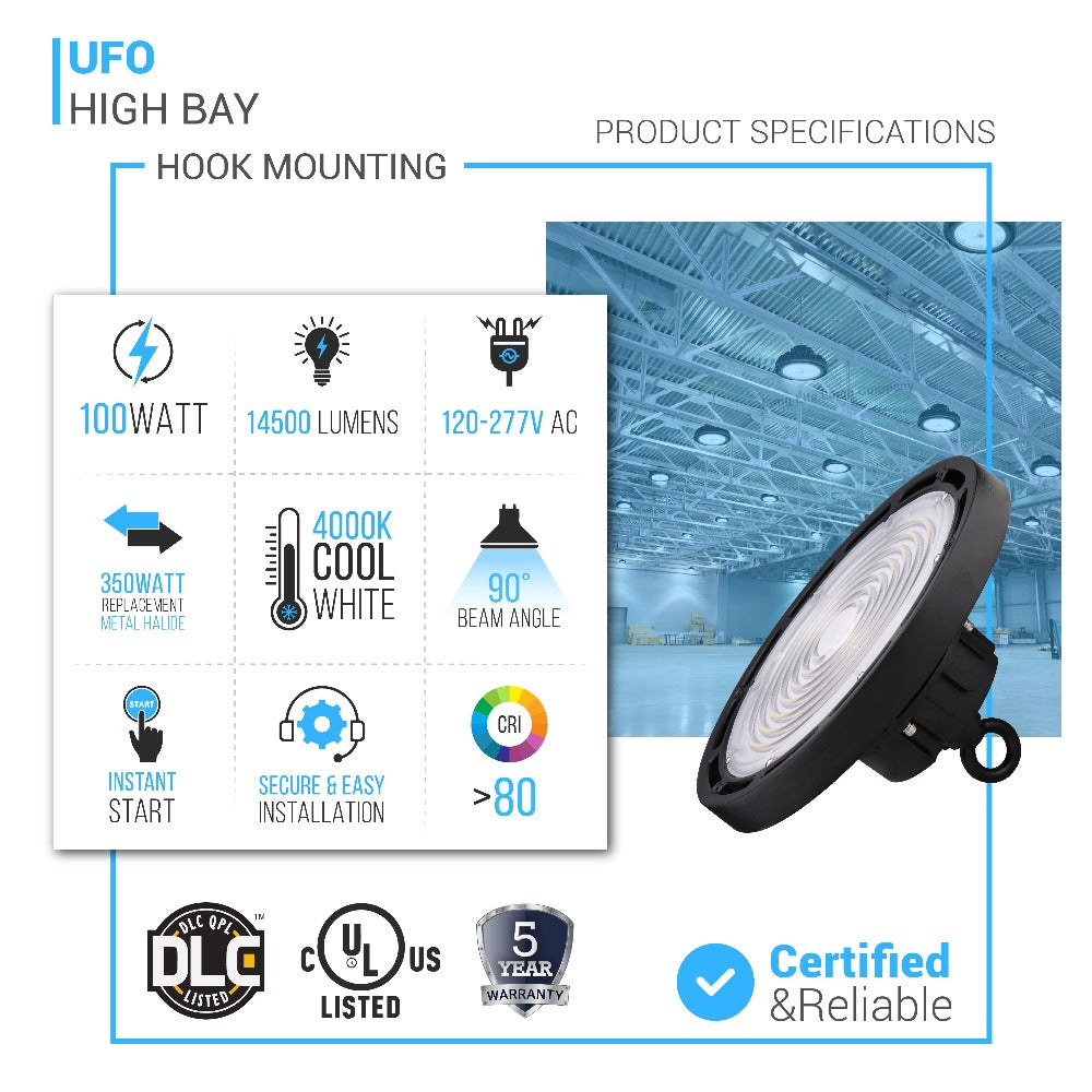 Gen13 100W UFO LED High Bay Light, 4000K, AC120-277V, 90° PC lens, IP65 Factory Warehouse Industrial Lighting, Black