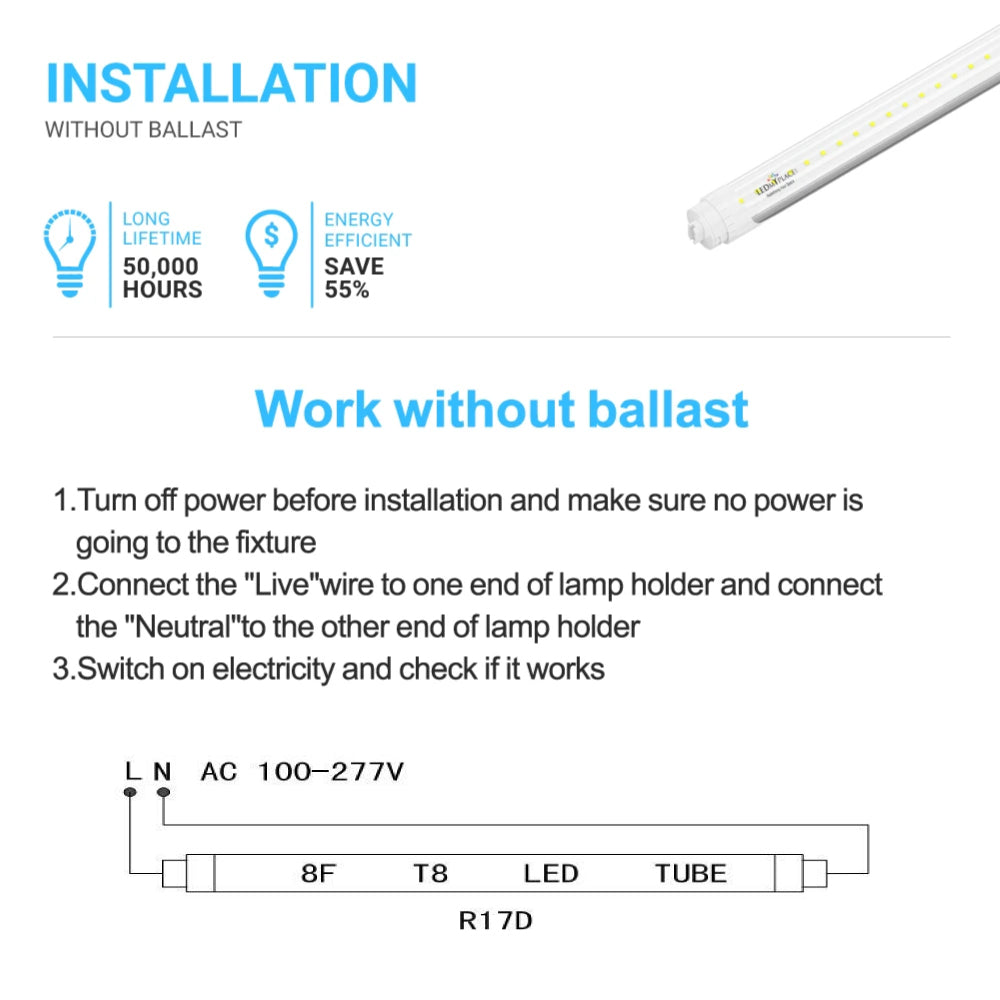 T8 8ft LED Tube/Bulb - 48W 6720 Lumens 6500K Clear, R17D Base, Double End Power - Ballast Bypass