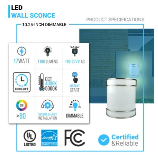 10.25" Dimmable Half Cylinder LED Wall Sconce BN Color, 17W, 1100 Lumens, AC120V, For Living Room, Bedroom, Hallway, Kitchen