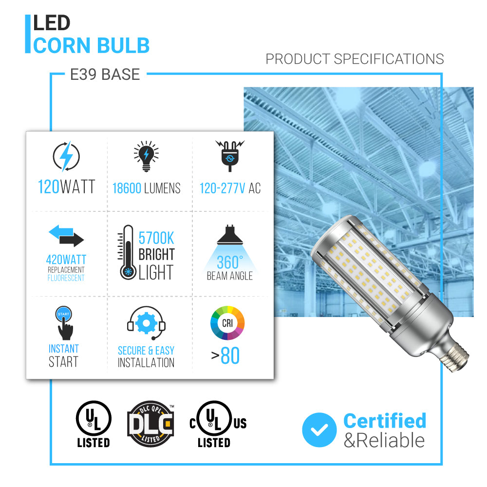 LED Corn Light Bulb, 18W/60W/100W/120W, 5700K, AC120-277V, Dimmable, Damp Location, UL, DLC & RoHS approved, For Garage Warehouse Outdoor Street Area Lighting