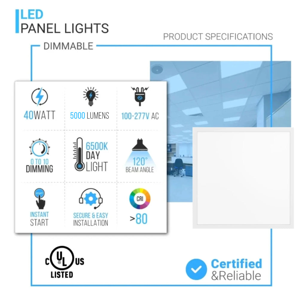 2 ft. X 2 ft. LED Flat Panel Light 6500K 40Watt AC100-277V UL Listed Dimmable, 5000 Lumens, Drop Ceiling LED Lights, For Offices Schools  Health Care Facilities