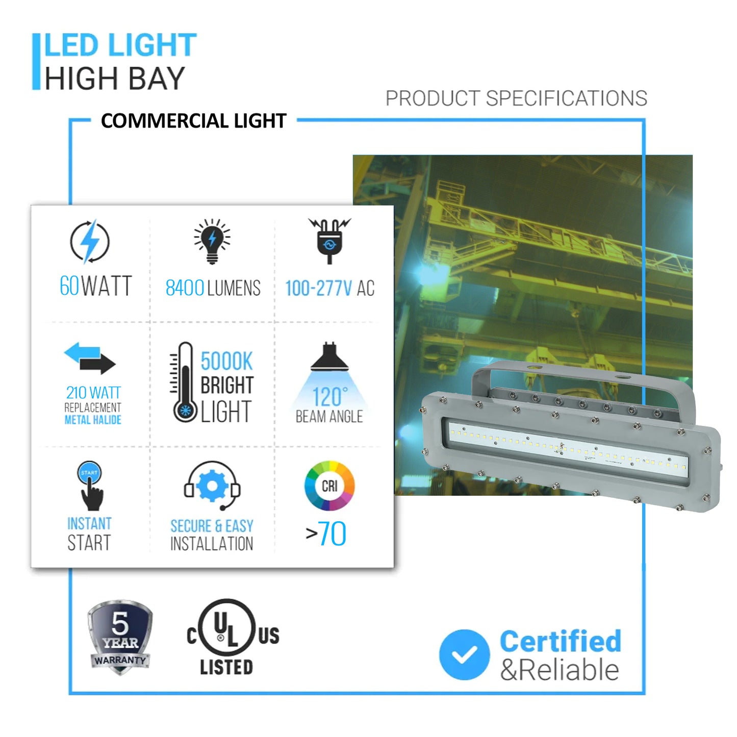 60 Watt 4FT LED Explosion Proof Linear Light, I Series, Non Dimmable, 5000K, 8400LM, AC100-277V, IP66, Hazardous Location Lighting Fixtures