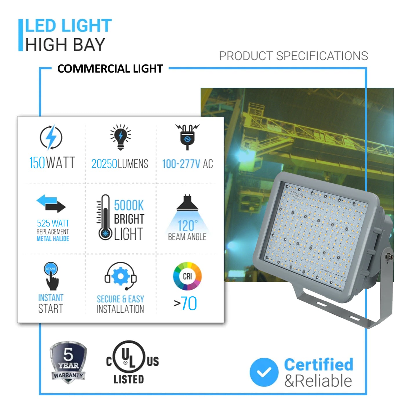 150 Watt LED Explosion Proof Flood Light, A Series, Non Dimmable, 5000K,20250LM, AC100-277V, IP66, Hazardous Location Lighting Fixtures