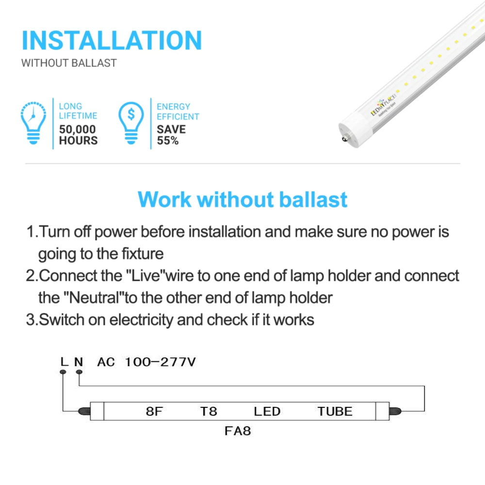 T8 8ft LED Tube/Bulb - 48W 6720 Lumens 6500K Clear, Single Pin, Double End Power - Ballast Bypass