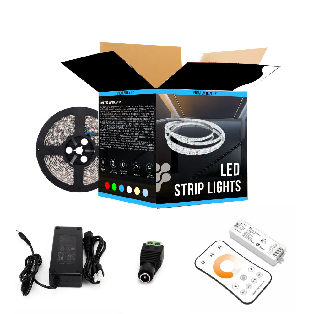 Tunable White LED Strip Lights, IP20, 16.4ft, Dimmable, 12V, SMD 2835, 120 leds/Meter, UL, RoHS Listed - 378 Lumens/ft with Power Supply and Controller (KIT)