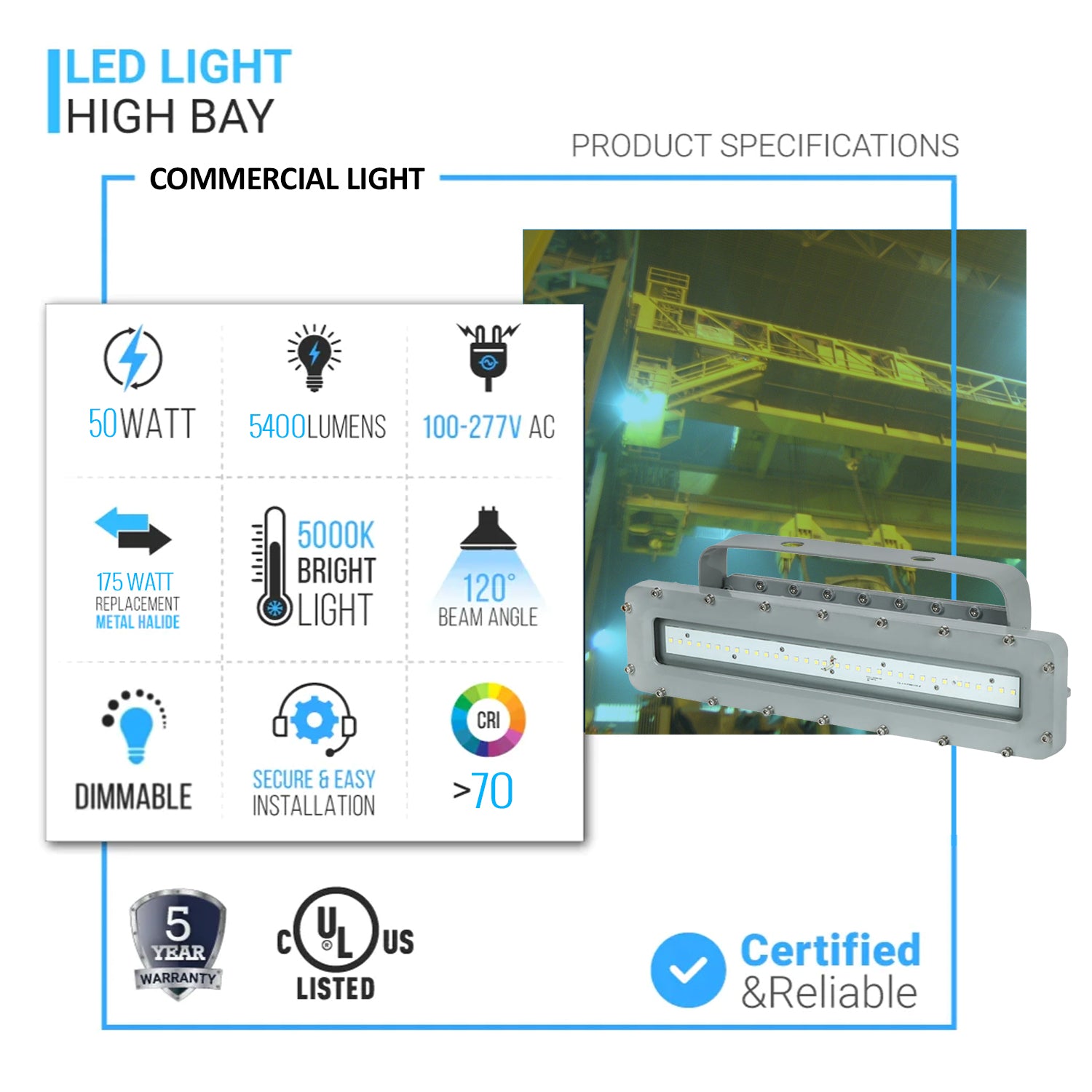 50 Watt 2FT LED Explosion Proof Linear Light, I Series, Dimmable, 5000K, 5400LM, AC100-277V, IP66, Hazardous Location Lighting Fixtures