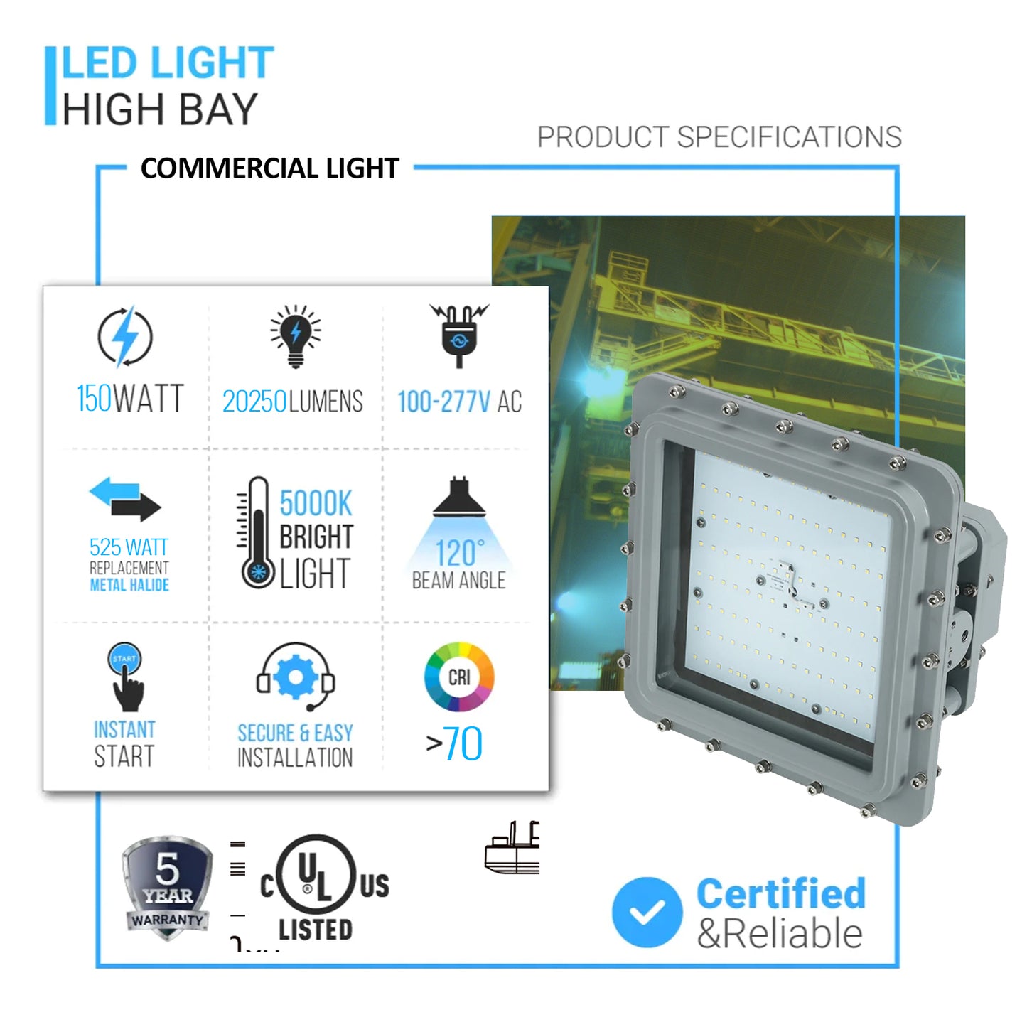 150 Watt LED Explosion Proof Flood Light, D Series, Non Dimmable, 5000K, 20250LM, AC100-277V, IP66, Hazardous Location Lighting Fixtures