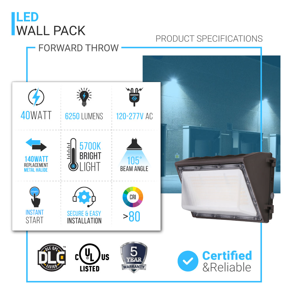 LED Wall Pack Light with Dusk-to-Dawn Photocell, 40W, 5700K, 6250LM, AC120-277V, Forward Throw, Waterproof, UL, DLC Premium, Wall Mount Outdoor Security Lighting Fixture