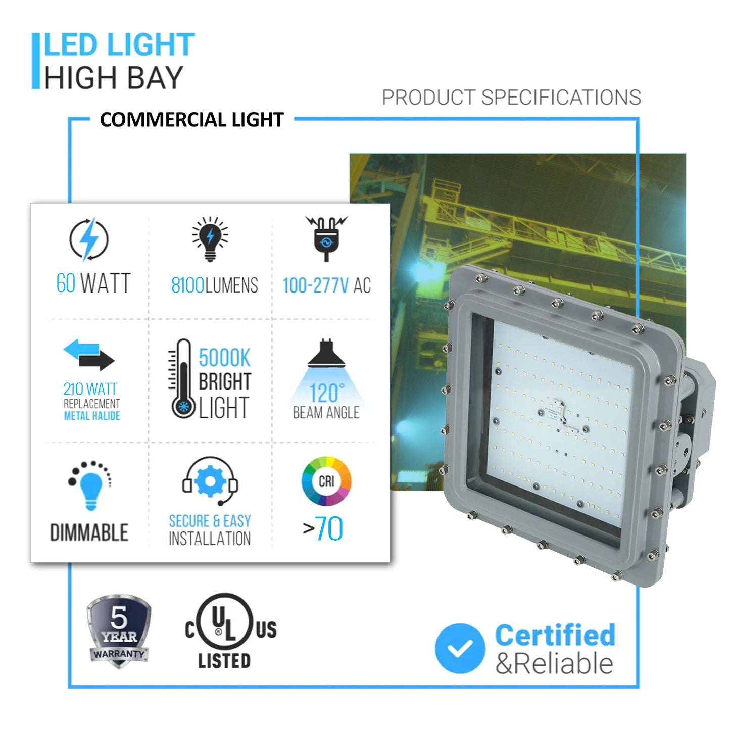 60 Watt LED Explosion Proof Flood Light, D Series, Dimmable, 5000K, 8100LM, AC100-277V, IP66, Hazardous Location Lighting Fixtures