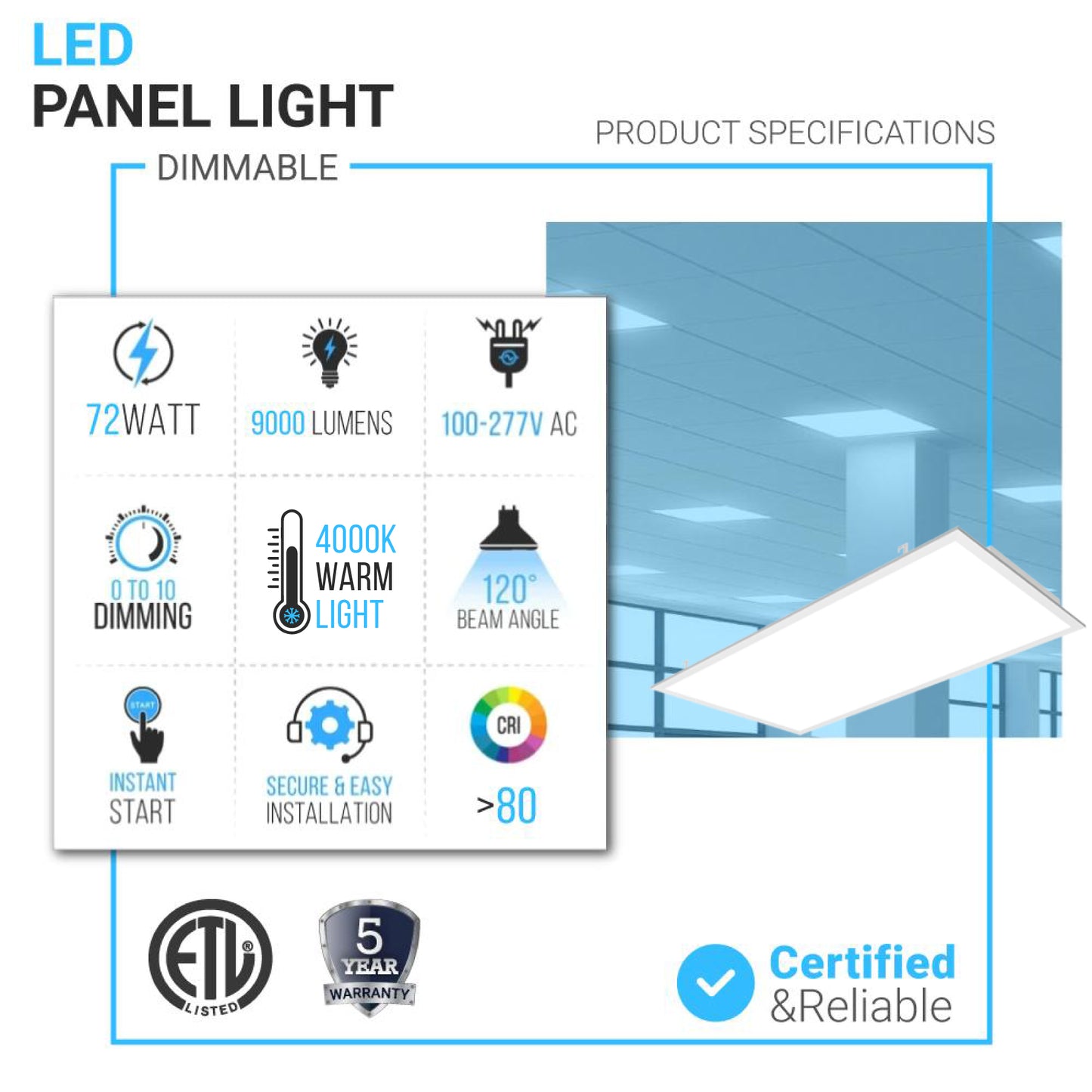 2 ft. X 4 ft. LED Panel Light 4000K Neutral White 72W 9000LM Dimmable, AC120V-277V, UL, DLC Listed, Damp Location, Flat Backlit Fixture, Recessed/Drop Ceiling Install