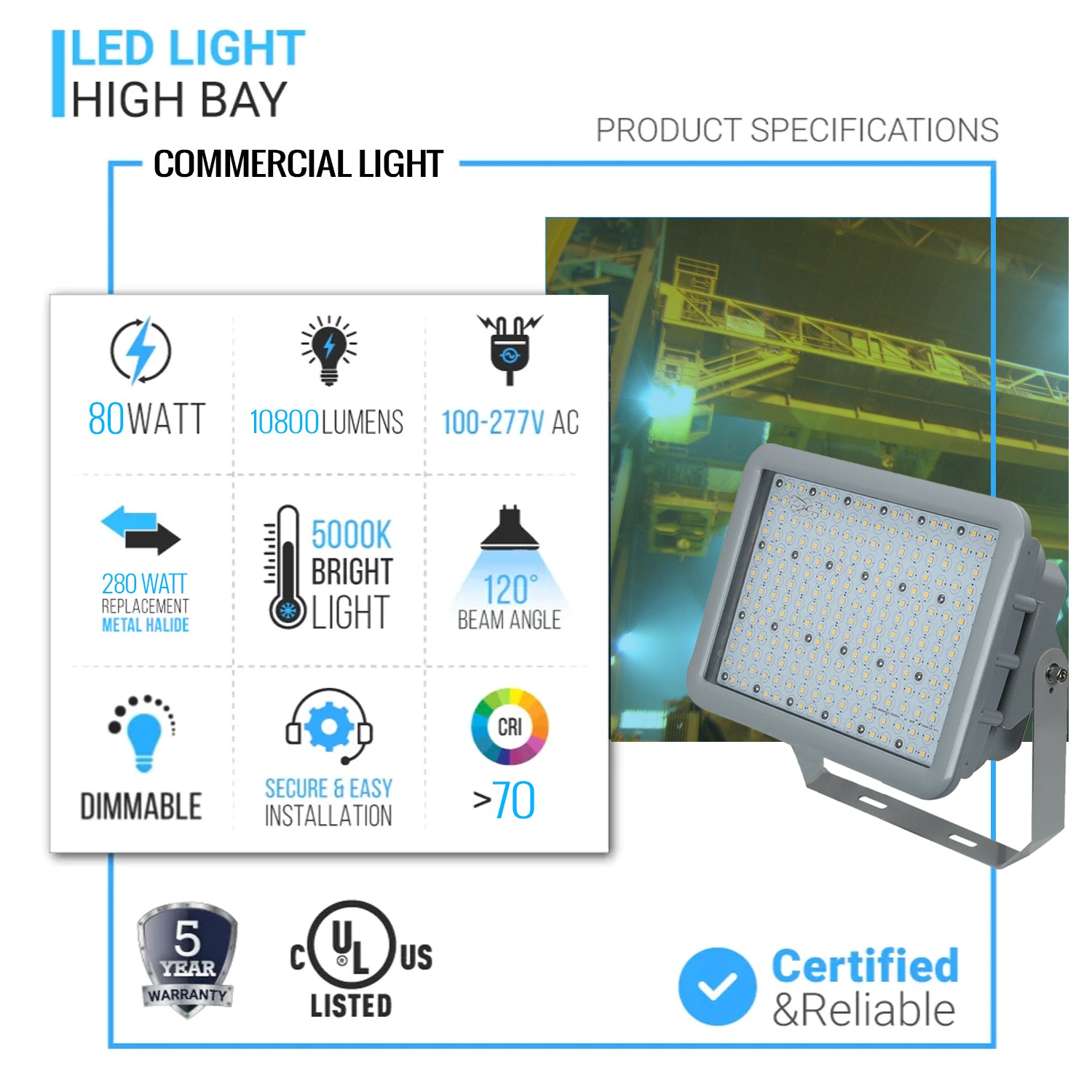 80 Watt LED Explosion Proof Flood Light, A Series, Dimmable, 5000K, 10800LM, AC100-277V, IP66, Hazardous Location Lighting Fixtures