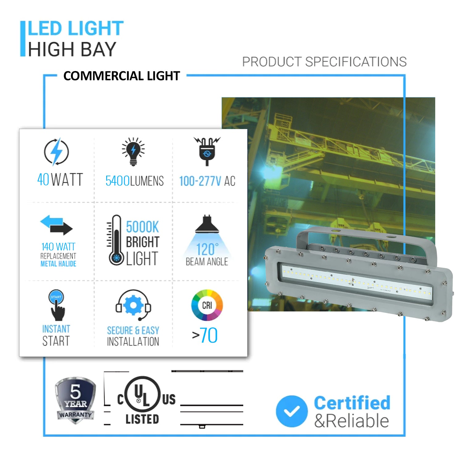 40 Watt 4FT LED Explosion Proof Linear Light, I Series, Non Dimmable, 5000K, 5400LM, AC100-277V, IP66, Hazardous Location Lighting Fixtures