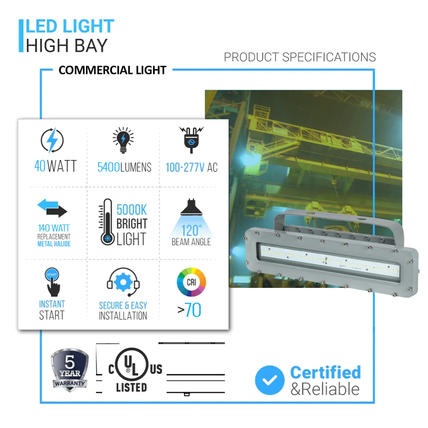 40 Watt 4FT LED Explosion Proof Linear Light, I Series, Non Dimmable, 5000K, 5400LM, AC100-277V, IP66, Hazardous Location Lighting Fixtures