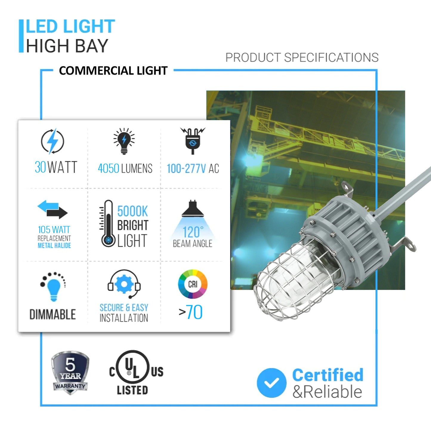 30 Watt LED Explosion Proof Jelly Jar Light, G Series, Dimmable, 5000K, 4050LM, AC100-277V, IP66, Hazardous Location Lighting Fixtures