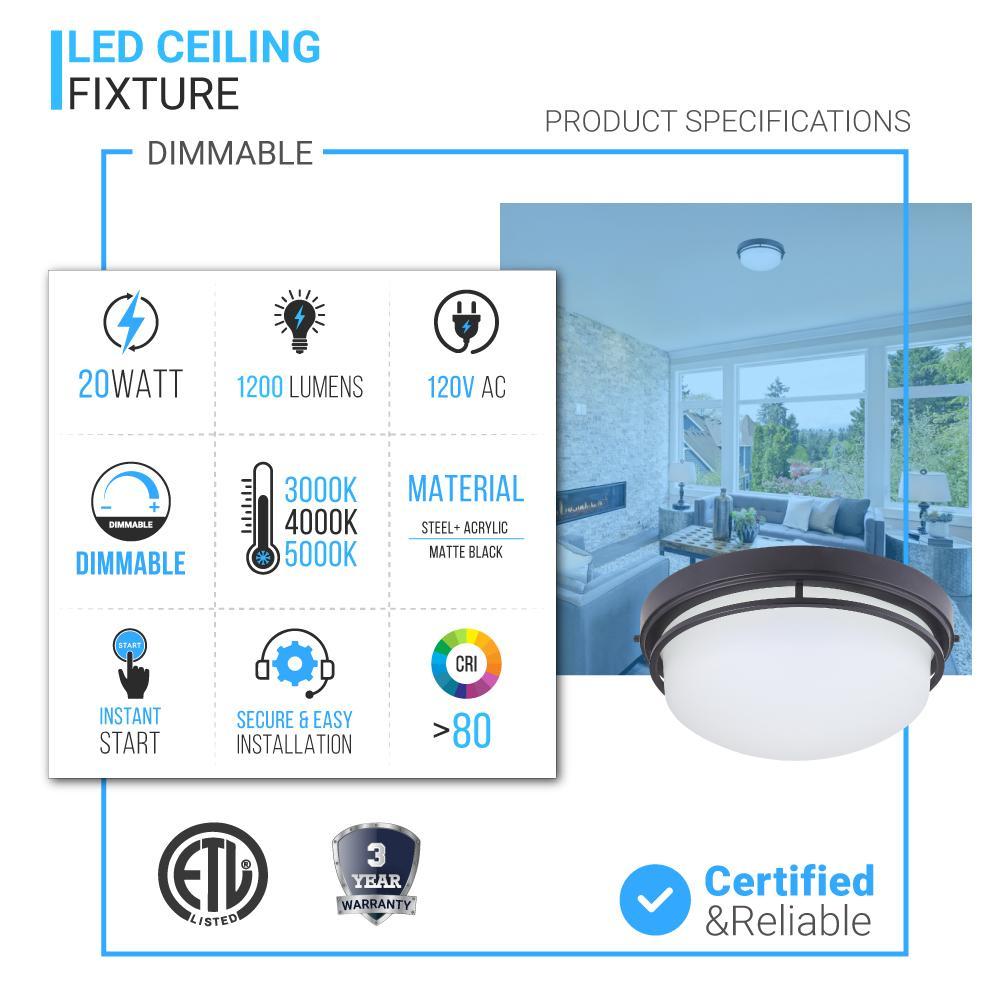 20W LED Flush Mount Ceiling Light, CCT Changeable (3000/4000/5000K), 1200LM, Hallway Light Fixtures, Dimmable, Matte Black, for Bedroom Kitchen Stairwell Entryway