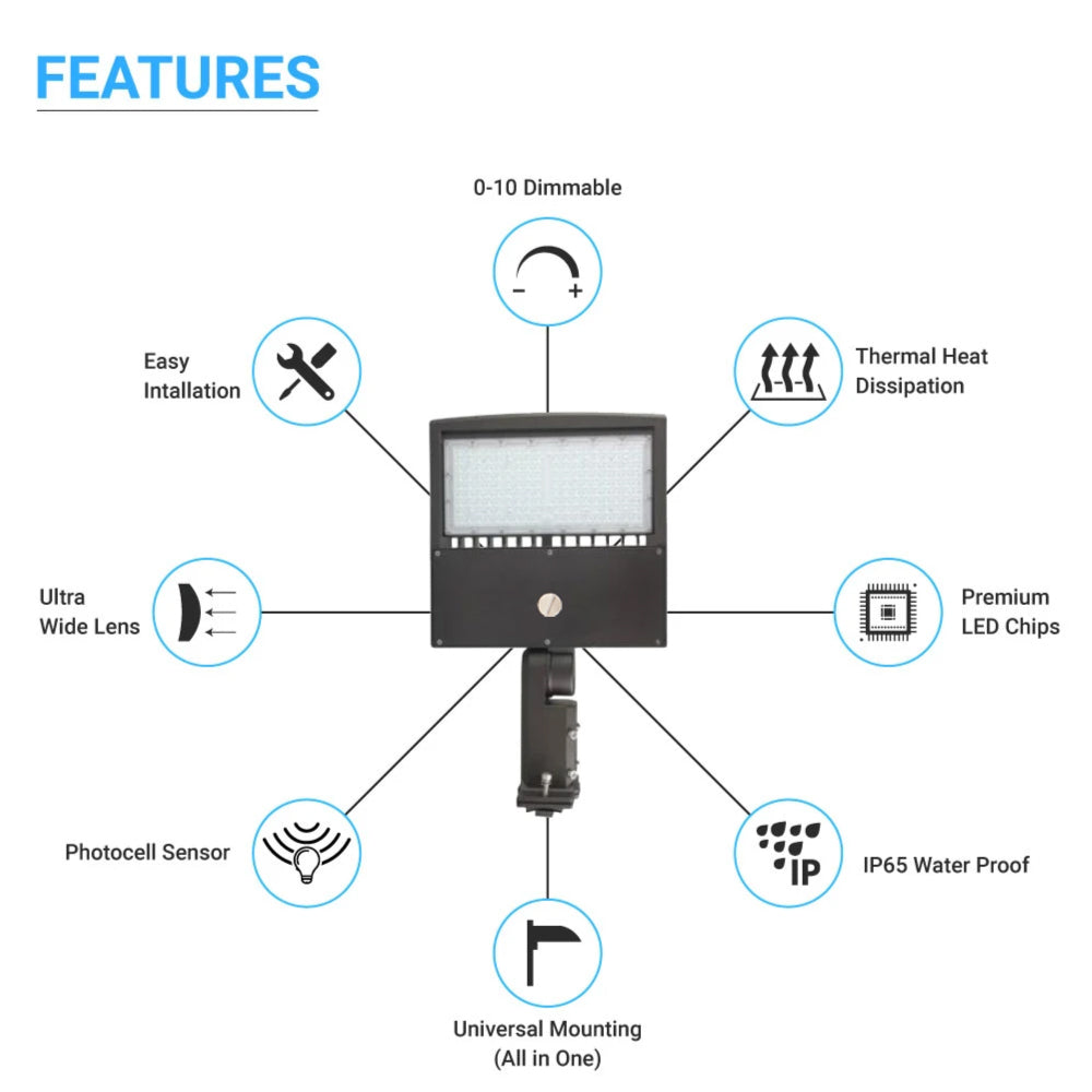 200W LED Pole Light with Dusk to Dawn Photocell, 5700K, Universal Mount, Bronze, IP65 Waterproof, AC120-277V, LED Parking Lot Lights - Outdoor Commercial Area Street Lighting