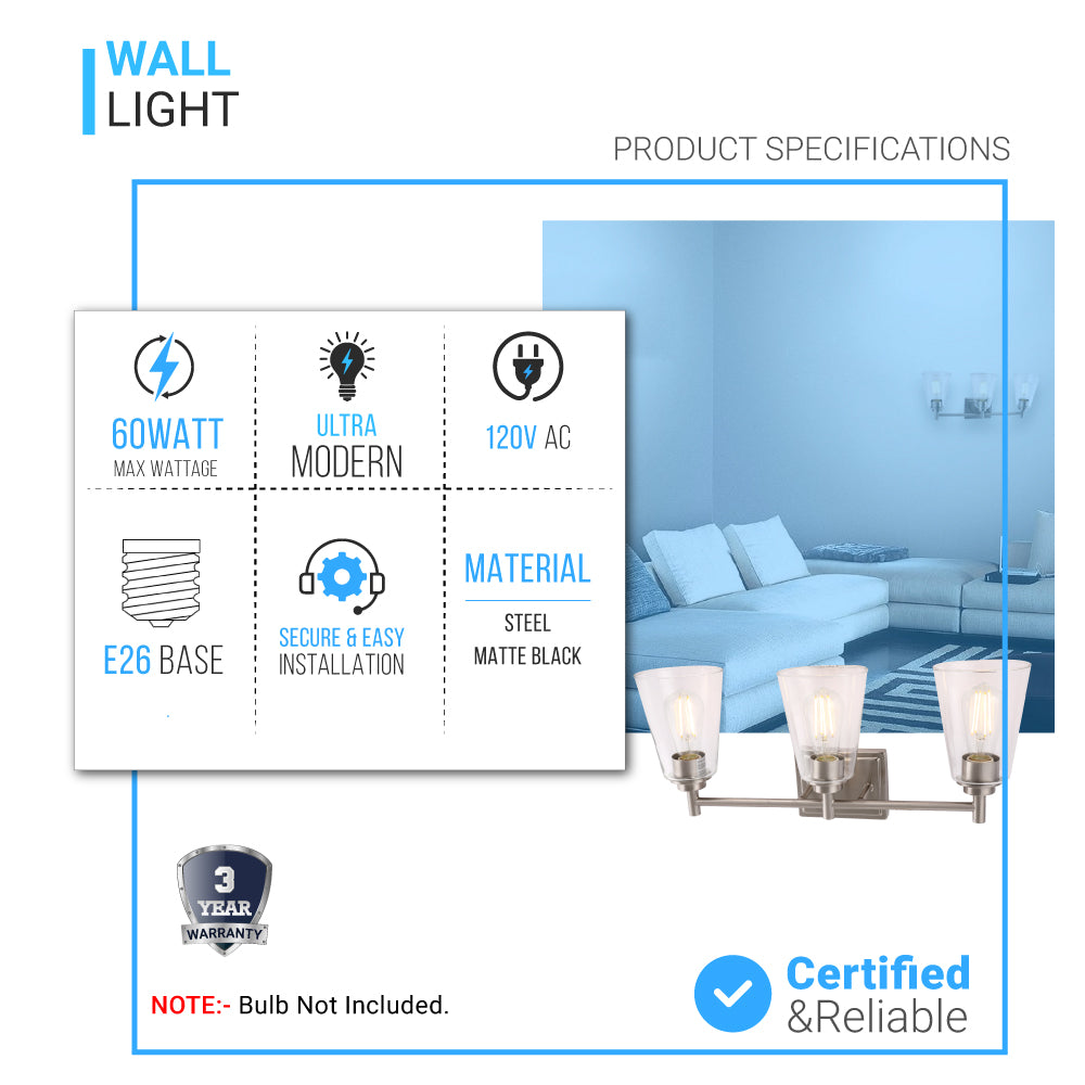 Flared Shape Bathroom Light Fixtures with Clear Glass Shade, E26 Base, UL Listed for Damp Location, Wall Mount, Bathroom Vanity Lighting - LEDMyPlace