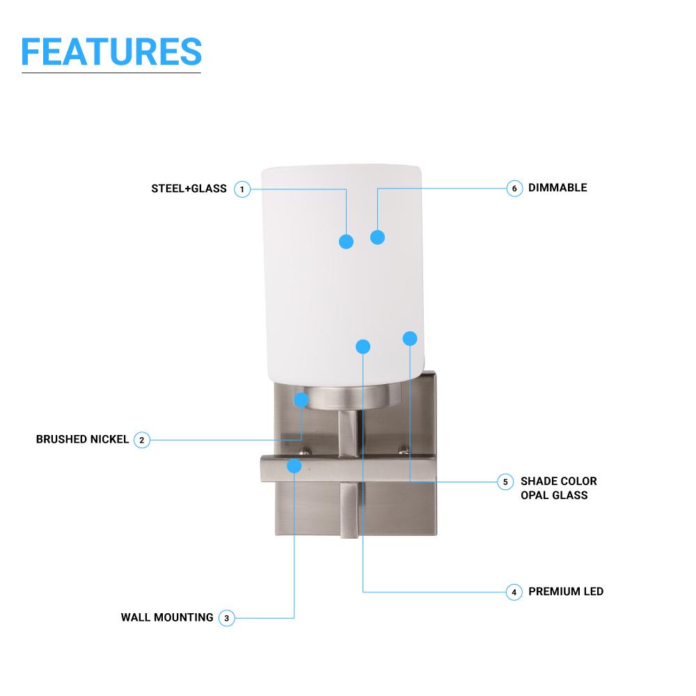 Brushed Nickel Bathroom Light Fixtures with Opal Glass Shades, Wall Mount, 4000K (Cool White), Vanity Lighting, ETL Listed, Cylinder Shape Bath Bar Light
