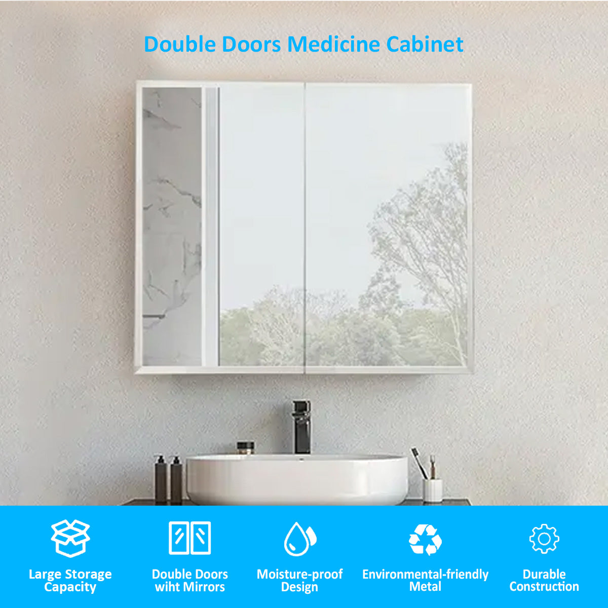 30 in. x 26 in. Frameless Medicine Cabinet with Mirror, Double Sided Mirror, 2 Doors 3-Adjustable Shelves, Soft-Closing, Surface Mount or Recessed Medicine Cabinets for Bathroom, Bedroom, Hotel