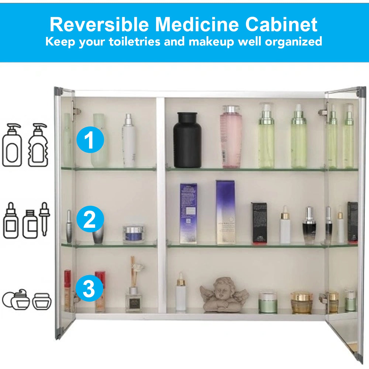 30 x 26 Inches Frameless Medicine Cabinet with Mirror, Double Sided Mirror, 2 Doors 3-Adjustable Shelves, Large&Small Door Design, Soft-Closing, Surface Mount or Recessed Medicine Cabinets for Bathroom, Bedroom, Hotel
