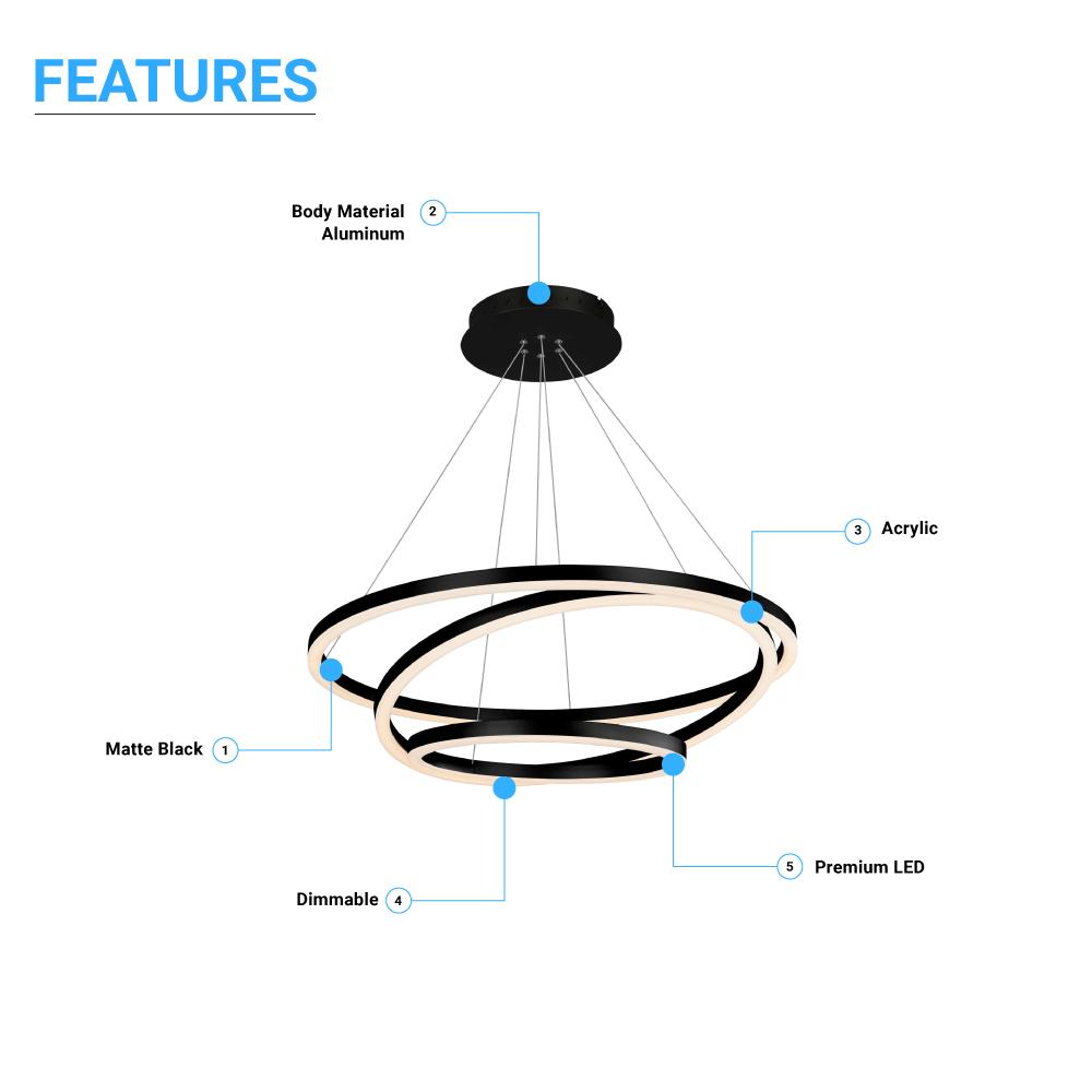 3-Ring LED Light Circular Chandelier, 102W, 3000K, 4335LM, Matte Black –  LEDMyPlace