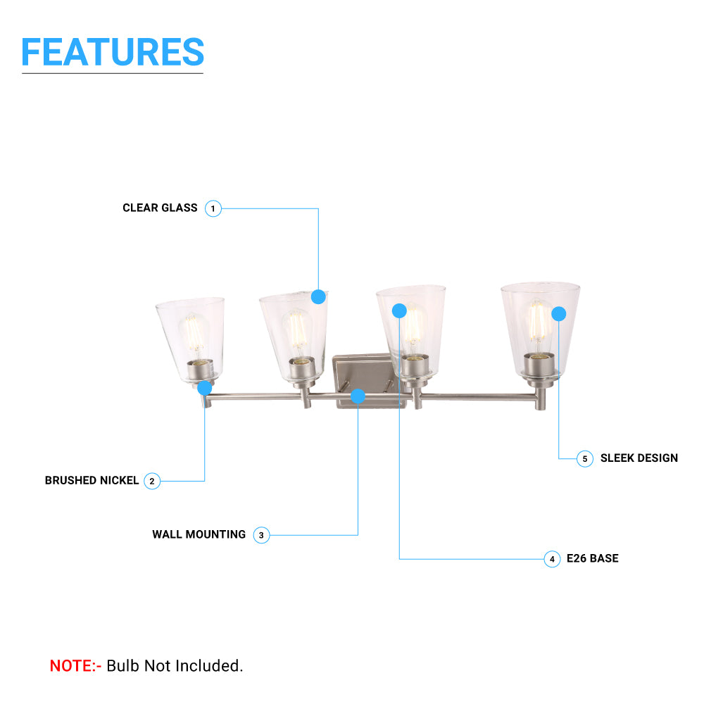 Flared Shape Bathroom Light Fixtures with Clear Glass Shade, E26 Base, UL Listed for Damp Location, Wall Mount, Bathroom Vanity Lighting - LEDMyPlace