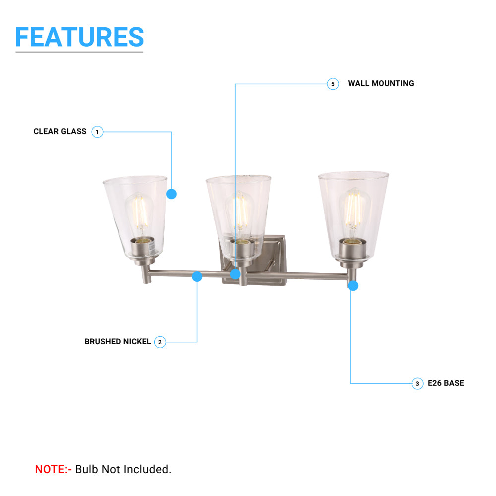 Flared Shape Bathroom Light Fixtures with Clear Glass Shade, E26 Base, UL Listed for Damp Location, Wall Mount, Bathroom Vanity Lighting - LEDMyPlace
