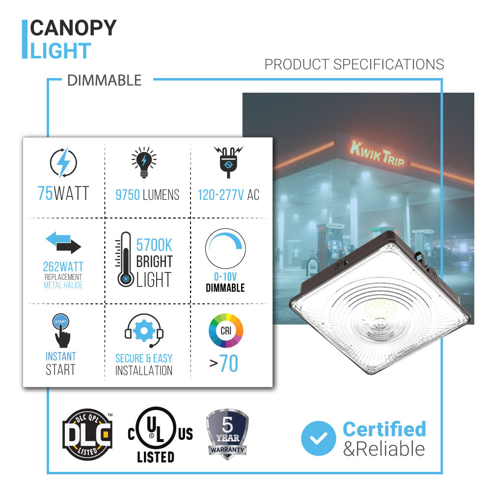 LED Canopy Light 75W 5700K Daylight 9750LM IP65 Waterproof 0-10V Dim 120-277VAC UL Listed Surface or Pendant Mount, for Gas Stations Outdoor Area Light, Black