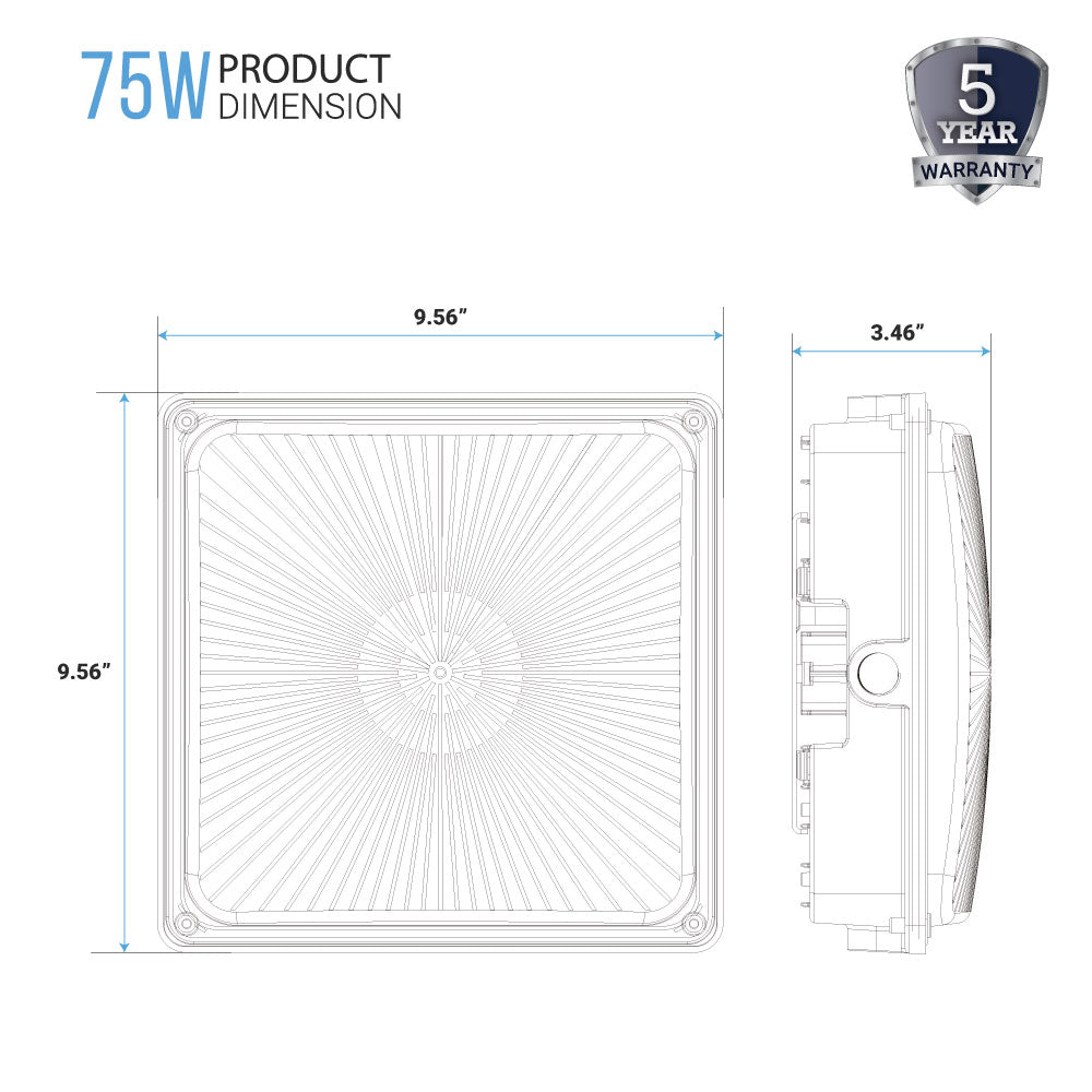 LED Canopy Light 75W 5000K Daylight 9750LM IP65 Waterproof 0-10V Dim 120-277VAC UL Listed Surface or Pendant Mount, for Gas Stations Outdoor Area Light, Black