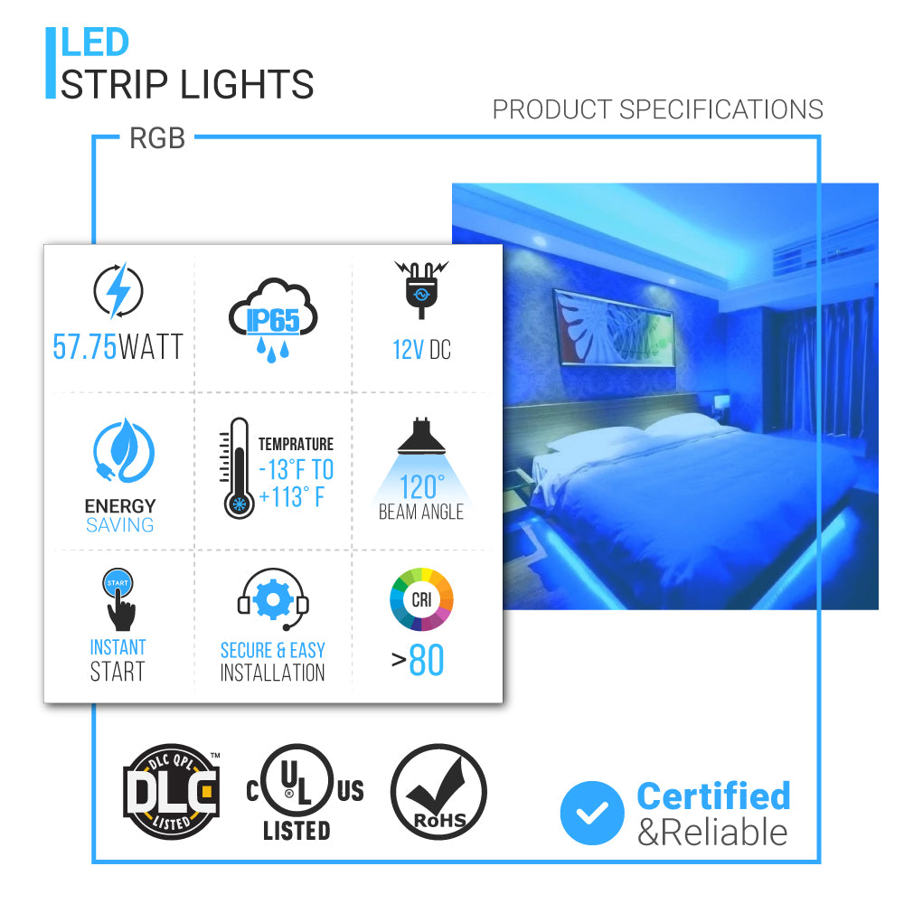 Outdoor Waterproof RGB LED Strip Lights, IP65 16.4ft, 12V, 1365LM, SMD  5050, 60 leds/Meter, UL, RoHS Listed, LED Lights for Bedroom, Kitchen, Home