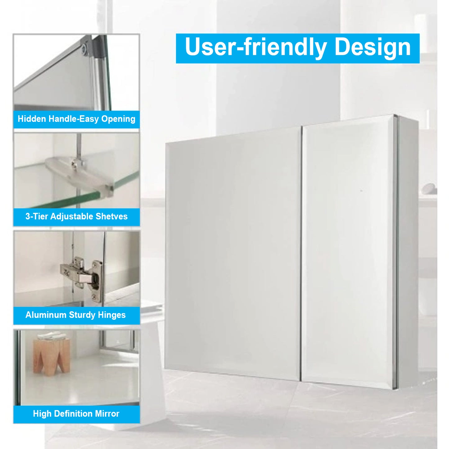 30 x 26 Inches Frameless Medicine Cabinet with Mirror, Double Sided Mirror, 2 Doors 3-Adjustable Shelves, Large&Small Door Design, Soft-Closing, Surface Mount or Recessed Medicine Cabinets for Bathroom, Bedroom, Hotel