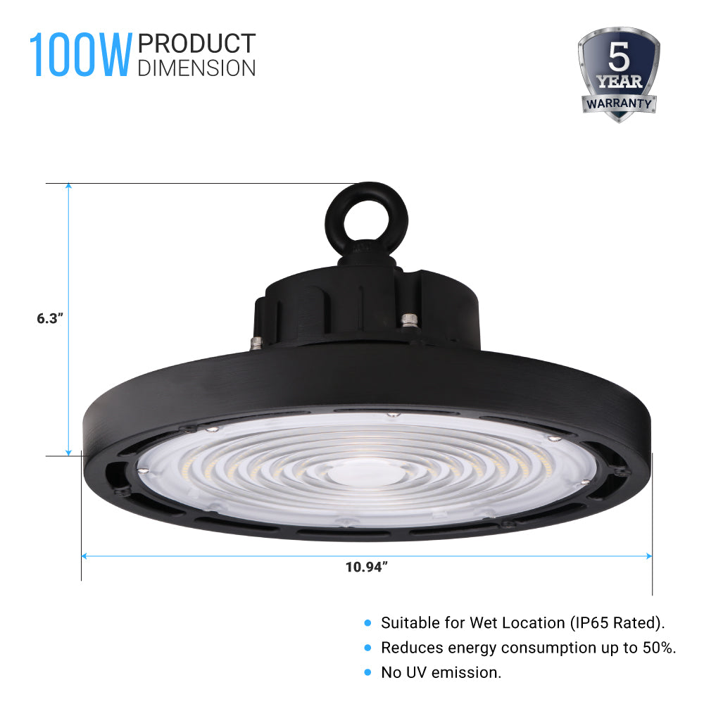 Gen13 100W UFO LED High Bay Light, 4000K, AC120-277V, 90° PC lens, IP65 Factory Warehouse Industrial Lighting, Black