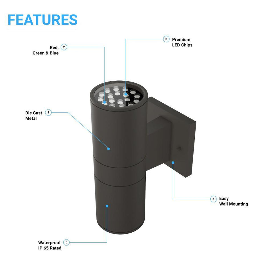 LED Up & Down Lights Outdoor Wall Light, Cylinder, 2x36W, AC100- 277V,