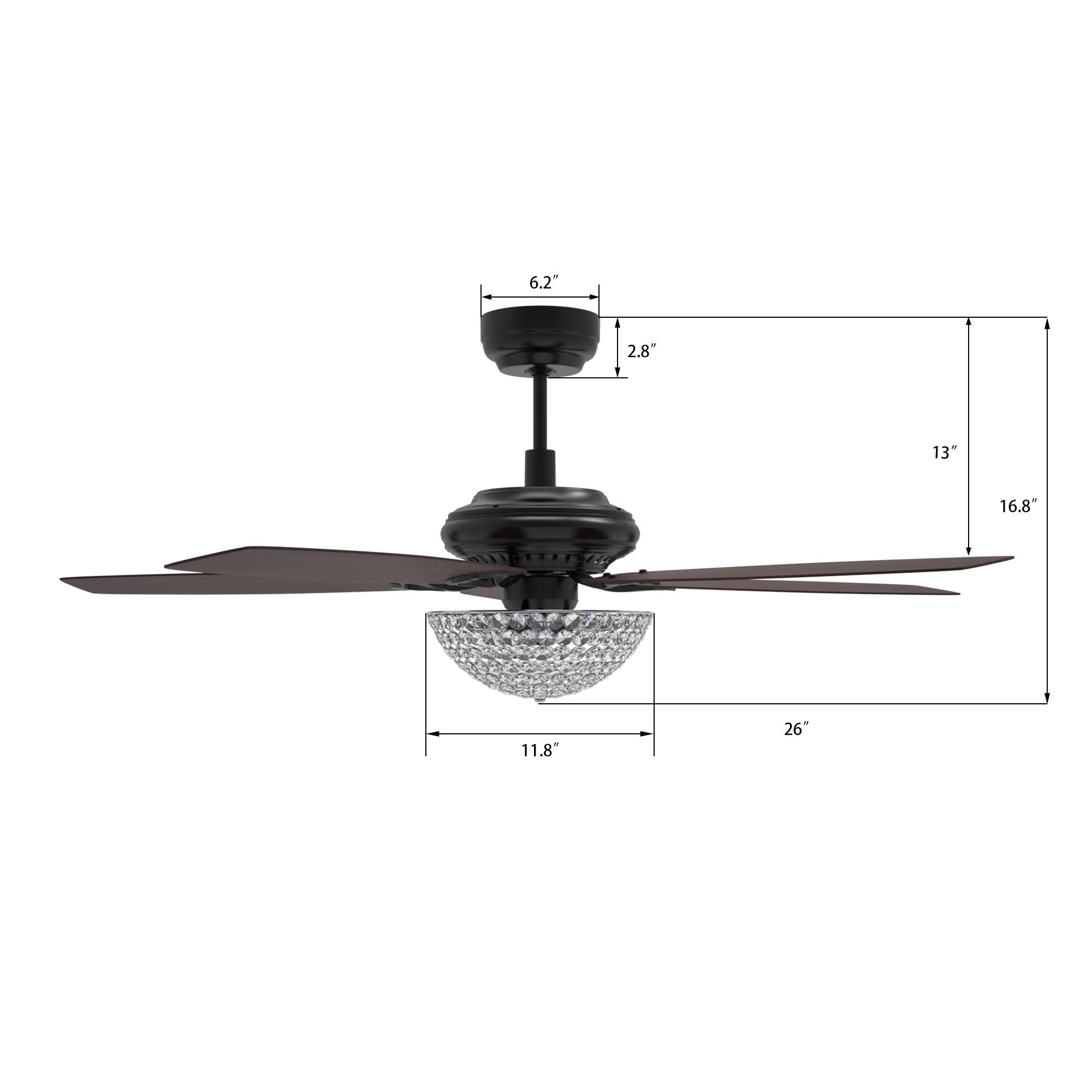 Huntley 52 Inch 5-Blade Crystal Best Ceiling Fan With Light & Remote Control - Black/Rosewood