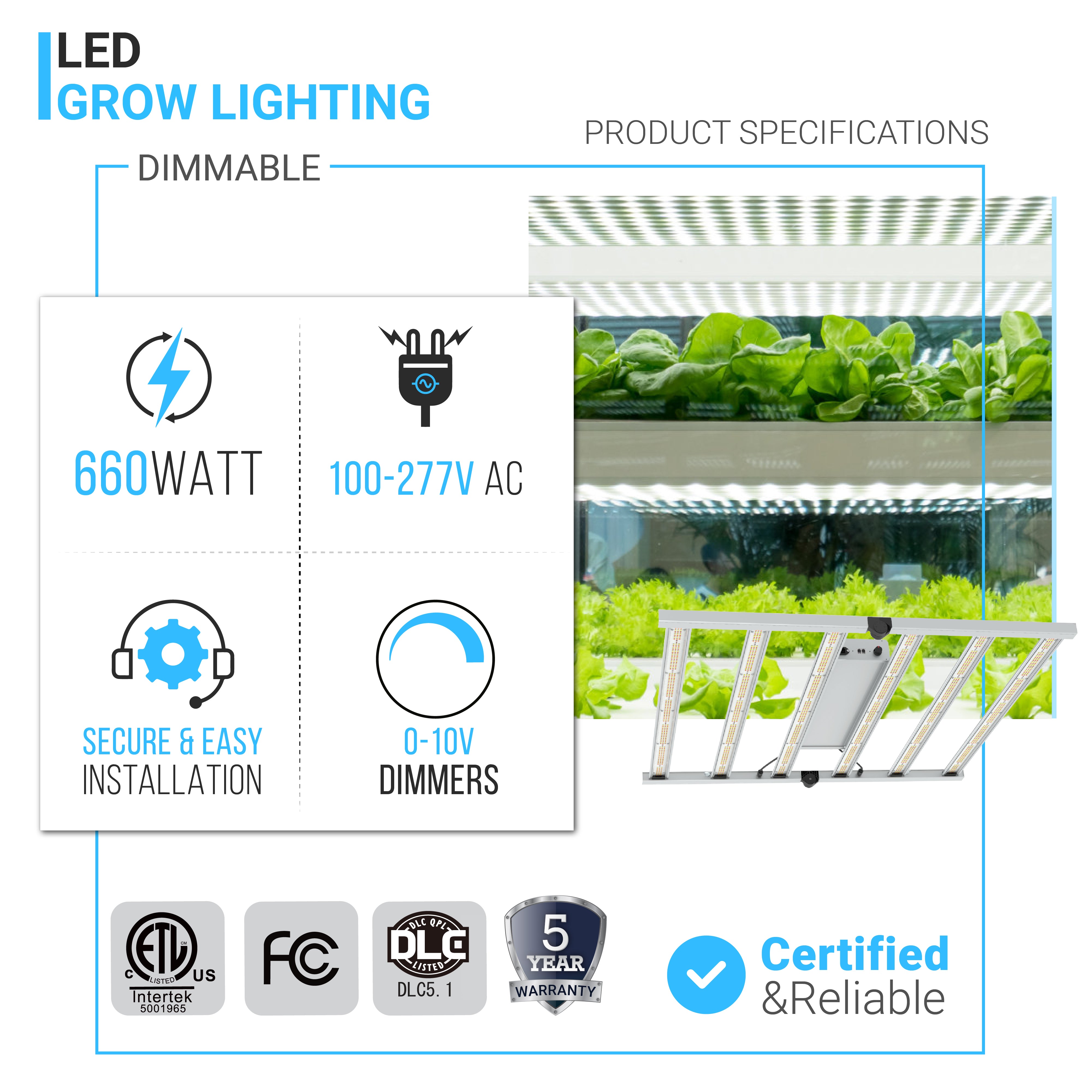 660W Led Grow Light, 100-277 V, 2.8µmol/j, Dimmable, Commercial Led Plant Lights for Indoor Hydroponics Greenhouse Plants Veg and Bloom