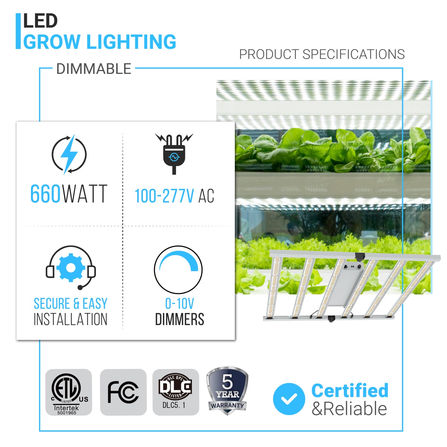 660W Led Grow Light, 100-277 V, 2.8µmol/j, Dimmable, Commercial Led Plant Lights for Indoor Hydroponics Greenhouse Plants Veg and Bloom