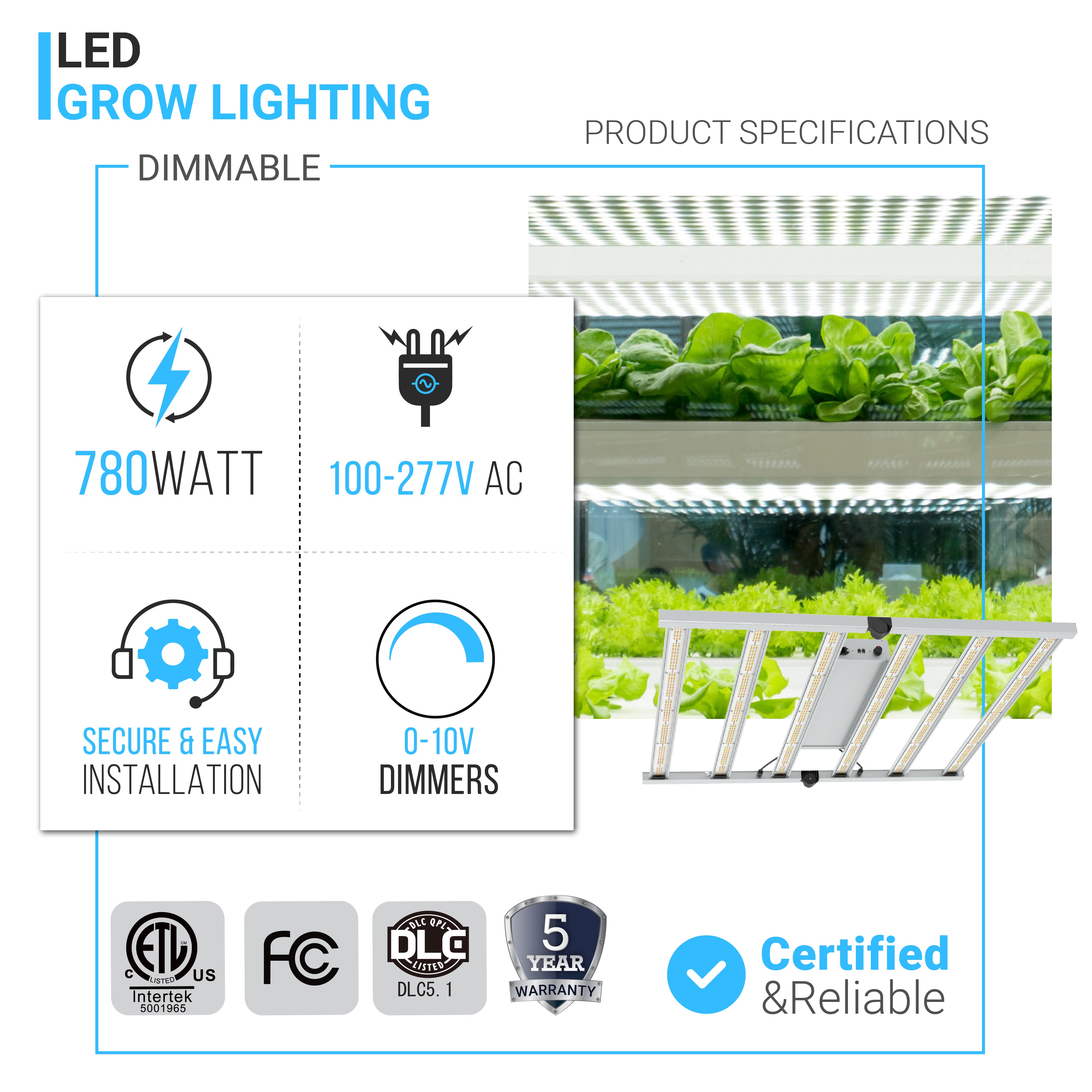 780W Led Grow Light Fixtures for Indoor Plants, 100-277 V, 2.8µmol/j, Dimmable, Full Spectrum Grow Lamps for Green House & Vertical Farming