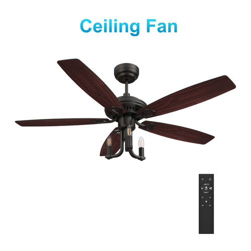 HUNTLEY 52 inch 5-Blade Vintage Candelabra best Ceiling Fan with Light & Remote Control - Black/Brown Wood & Rosewood (Reversible Blades)
